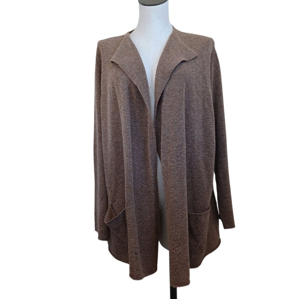 Eileen Fisher Brown Merino Wool Blend Open Front Cardigan Sweater M Pockets